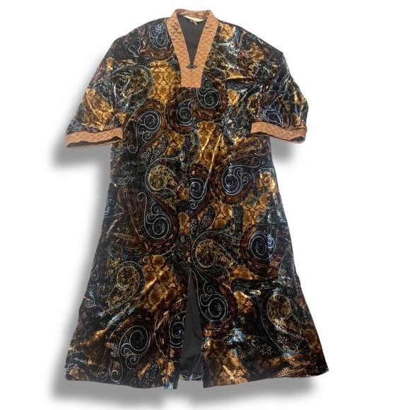 VTG Diamond Tea Loungewear Caftan Dress Velvet Quilted Blk Gold L Retro Atomic - Picture 2 of 11